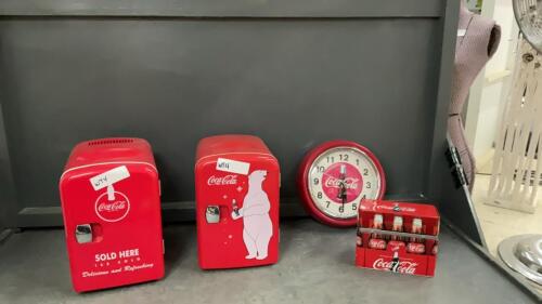 COCA-COLA COLLECTION - (2) SMALL COOLERS, CLOCK & RECIPE CARD TIN W/ RECIPES