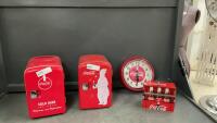 COCA-COLA COLLECTION - (2) SMALL COOLERS, CLOCK & RECIPE CARD TIN W/ RECIPES