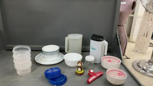 BOX OF PLASTICWARE, BAG CLIP, ASSORTED CORELLE DISHES