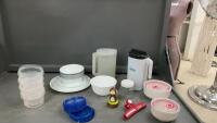 BOX OF PLASTICWARE, BAG CLIP, ASSORTED CORELLE DISHES