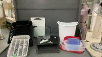 PLASTIC GARBAGE CAN, PLASTIC STORAGE CONTAINERS, KEURIG POD HOLDER, CUTTING BOARDS, CUTLERY, DISH DRYING RACK