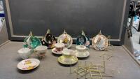 TEA CUPS & SAUCERS W/ STANDS. - INCLUDES A &ldquo;SHELLEY" TEA CUP BUT NO SAUCER