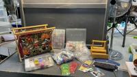 SEWING BASKET W/ NOTIONS, EMBROIDERY THREAD
