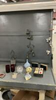 BOX W/ DECOR & VINTAGE ITEMS - BRASS BELL WINDCHIME, VINTAGE PICKLE DISH ON STAND, SMALL PINWHEEL CRYSTAL ROSE BOWL, VINTAGE SPEAKERS, VINTAGE SALT & PEPPER HOLDER