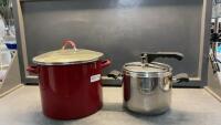 RED STOCK POT & A LOGASTINA PRESSURE COOKER