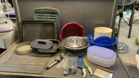 TUPPERWARE CANISTER SET, PLASTIC FOOD STORAGE CONTAINERS, COOKIE SHEETS, KITCHEN UTENSILS ETC,