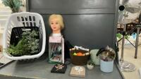 MANNEQUIN HAIR DRESSING HEAD W/ ACCESSORIES, SMALL VASES, PUZZLE FRUIT, HANDBLOWN GLASS ORNAMENT