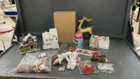 AVON & OTHER CHRISTMAS DECOR - (2) GLITTER REINDEER, LIGHTED PORCELAIN HOUSE, TREE ORNAMENTS, MUG, COOKIE CUTTERS