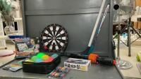 FLOOR HOCKEY STICKS, NERF GUN, ELECTRONIC DART BOARD, FABRIC MARKERS, MODEL CAR KIT, LIGHTED BOCCE BALL SET, PIXICADE KIT
