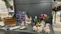 BOX OF MISC DECOR - CERAMIC BUNNIES, VINTAGE FIGURINE, BATTERY CANDLES, PUZZLES, ETC