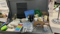 (2) BOXES W/ HOUSEHOLD ITEMS - CAST GRATE, PLASTIC UTENSILS, TABLE COVERINGS, KITCHEN UTENSILS ETC