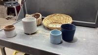 BOX W/PLANT POTS + WICKER BASKETS