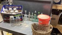 (2)ITEMS - BOX W/CANNING JARS,TUPPERWARE LARGE CANNISTER, BOTTLES, DECANTER
