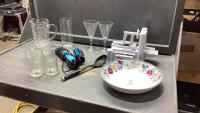 (2)BOXES- SLICER, PASTA BOWL, GLASS PITCHER, GLASS CUPS, HAIR TOOL