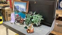 BOX W/MUSIC GLOBE, ARTIFICIAL PLANT, &ldquo;ANGEL&rdquo;, ROOSTER FIGURINES, HORSE FIGURINE,