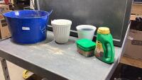 METAL TUB W/PLANT POTS AND PLANT FERTILIZER + SMALL LOG HOUSE