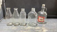BOX W/ MILK BOTTLES + CHERRY WINE JUG