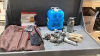 BOX W/BBQ SET, FISHING REELS, OUTDOOR SURVIVAL KIT, WIND-UP FLASHLIGHT