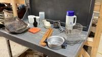(2)BOXES - THERMOS, BBQ BASKETS, PLASTIC CONTAINERS, MEASURING CUPS