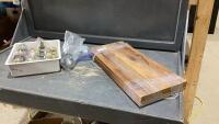 (2)ITEMS - TUB OF USED DOOR KNOBS + 3 SHELVES