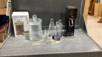 (2)BOXES - HEAVY GLASS BELL JAR + SODA STREAM MACHINE, MISC WINE GLASSES