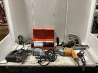 SHOP BOX OF CORDED TOOLS W/ JIGSAW, PLANER, DRILL & PROPANE TORCH