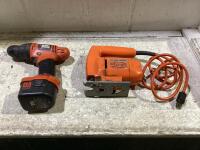 SHOP BOX OF BLACK AND DECKER TOOLS W/ TWO-SPEED JIGSAW & DRILL