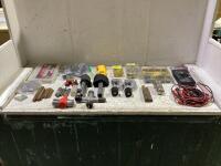 SHOP BOX OF EDGE FINDER, DIGITAL MULTIMETER, LYNCH PINS & MISCELLANEOUS