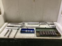 SHOP BOX OF MIXED TOOLS W/ RATCHET WRENCH, EXTENSION SOCKETS & MISCELLANEOUS