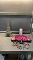 METAL TOWER CANDLE HOLDER & MAKE-UP CASE W/ UNUSED MAKEUP, SOME JEWELRY & HAIR ACCESSORIES