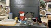 GOOD LIDDED TOTE W/ KITCHEN ITEMS