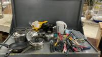 GOOD LIDDED TOTE W/ KITCHEN ITEMS - B&D TOASTER, KETTLE, KITCHEN UTENSILS, STAINLESS POTS, ETC