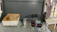 BOX OF GLASSWARE & A TABLIFT TABLET HOLDER