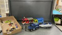 PLAYMOBILE TOYS - FIRETRUCK, POLICE TRUCK W/ BOAT & TRAILER & SANITATION TRUCK AND A VARIETY OF CHARACTERS