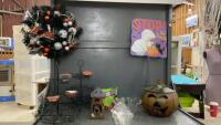 BOX OF HALLOWEEN DECOR- (2) &ldquo;SPIDER WEB&rdquo; CUPCAKE HOLDERS, WREATH, SIGN, SPIDER WEB LIKE GLASS BOWLS, METAL PUMPKIN
