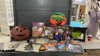 BOX OF HALLOWEEN DECOR - CERAMIC PUMPKIN, MAGIC KIT, BOOKS, CHAIR COVERS, TATOOS, FOAM STAMPS