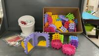 BOX W/ BUILDING TOYS - LITTLE TIKES AND WHITE LEGO STYLE BRICKS
