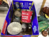 2 BOXES - OLD OIL CANS, LARD PAILS, WOODEN TOYS, - 2