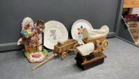(2) WOOD STAGE COACHES, STAGE COACH MUSIC BOX, CERAMIC INDIAN & (2) COLLECTIBLE PLATES (3) SHOT GLASSES