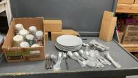 (2) BOXES W/ (12) WHITE DINNER PLATES & CUTLERY
