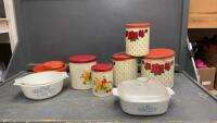 VINTAGE ITEMS - METAL CANISTERS, TUPPERWARE, (2) PYREX CASSEROLE DISHES, BLUE CORNFLOWER CASSEROLE W/ LID