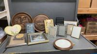 (2) CARVED PICTURES ON WOOD, PICTURE FRAMES, LETTER HOLDER, LIGHT BULBS