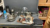 BOX OF KITCHEN ITEMS. - THERMOSES, OIL & VINEGAR JARS, CUISINART STAINLESS PANS,