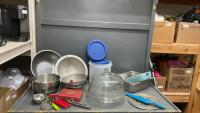 BOX W/ STRAINERS, PLASTIC STORAGE CONTAINERS, GLASS CAKE SAVER