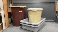 (2) GREY TUBS & (2) GARBAGE CANS