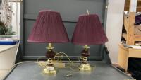 (2) BRASS & BURGUNDY TABLE LAMPS