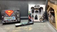 BOX W/STAR WARS FIGURINES, HARRY POTTER WAND, SUPERMAN METROPOLIS 4D PUZZLE
