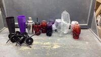 BOX W/ (9) SKULL SHAPED GLASSES W/ STRAW LIDS, COCKTAIL SHAKER