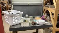 LAUNDRY BASKET W/MELA-WARE PLATES + SMALL CASSEROLES, PLASTIC CLIPS, STRAINER, JAR