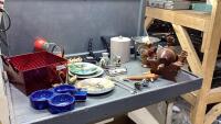 (2)CONTAINERS - BAR ITEMS + DECORATIVE ITEMS- SOUTHWESTERN PLATE, MEXICAN SOUVENIERS , IMITATION KEG W/TAP, BRASS SWANS